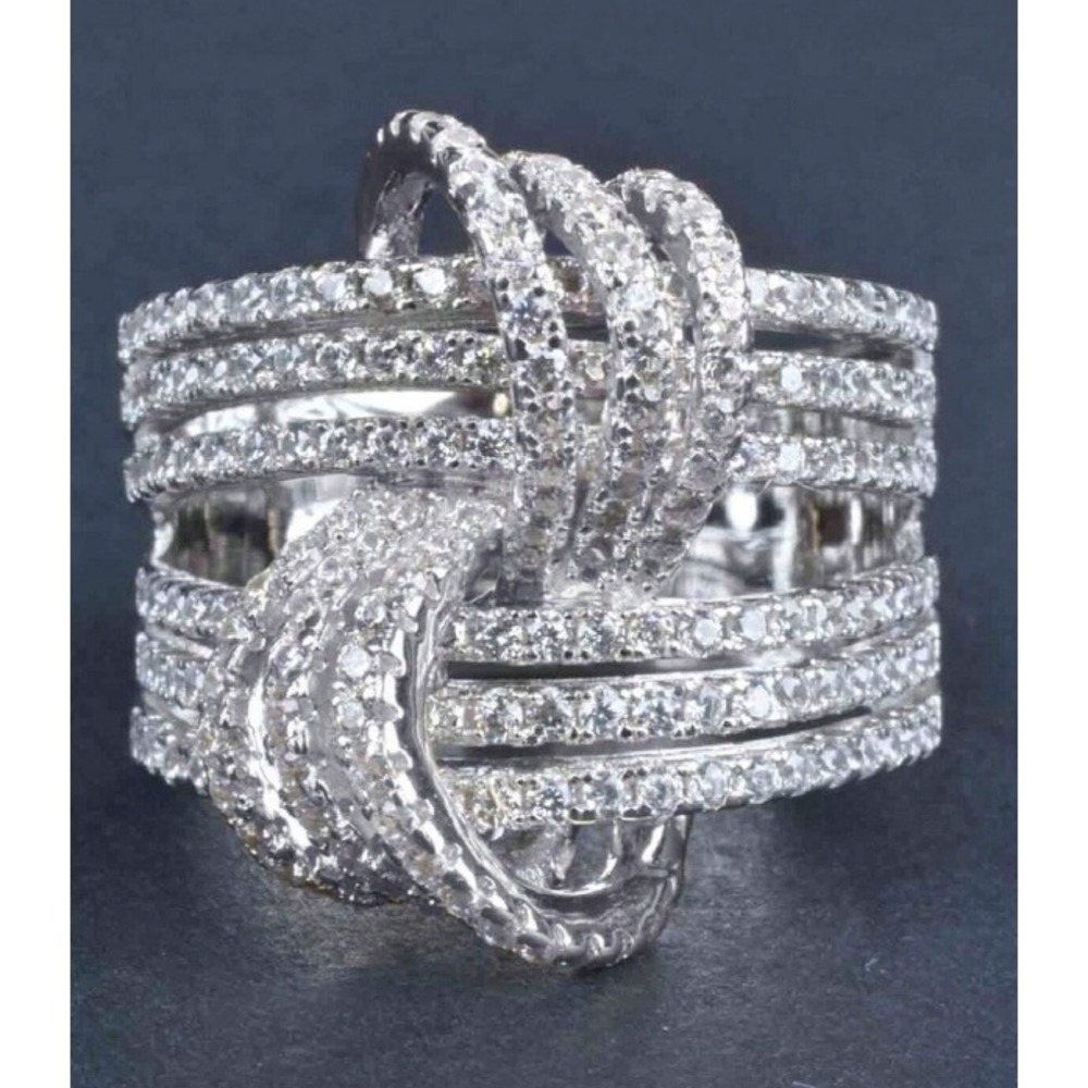 Silver Tone Multi Row Pave Knot Statement Ring Size 8 Wide Band Crystal Ring - Picture 5 of 5
